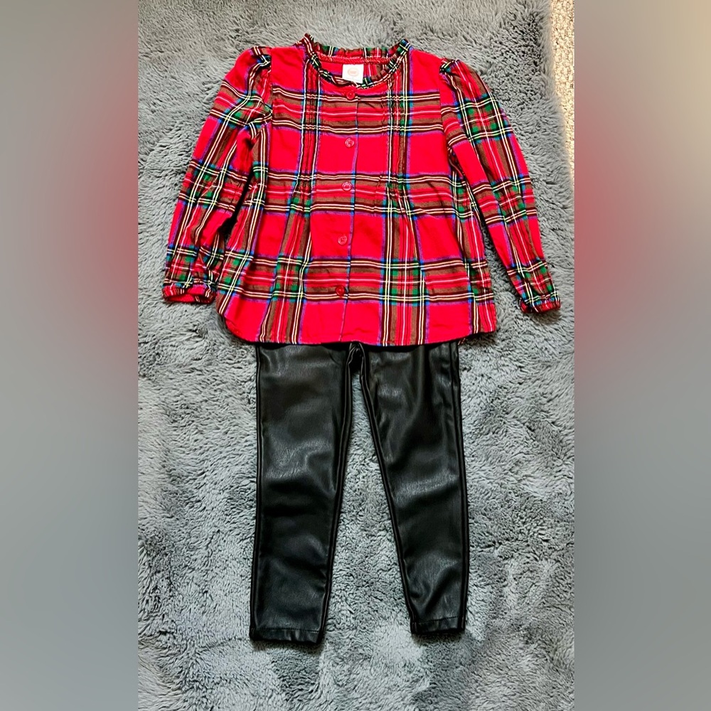 Wonder Nation Red Plaid Shirt and Faux Leather Pants Set